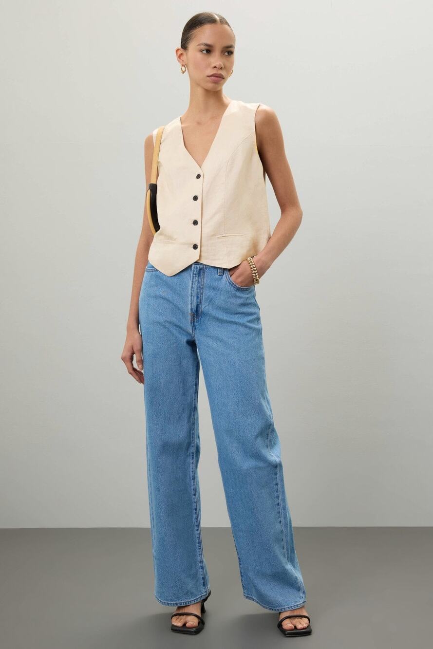 LOVE, WHIT Beige Sleeveless Linen Blend Front Button Closure Vest Size 2